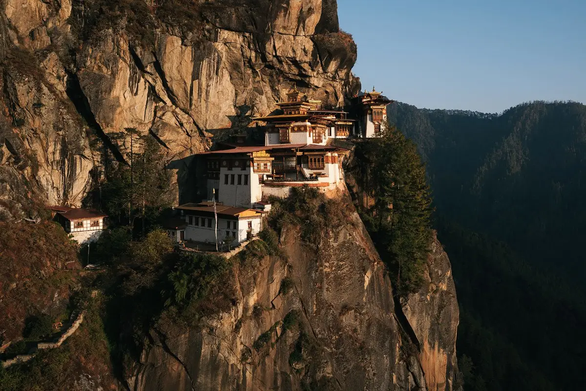 Paro Taktsang, the Tiger's Nest monastery, on its cliff in evening light