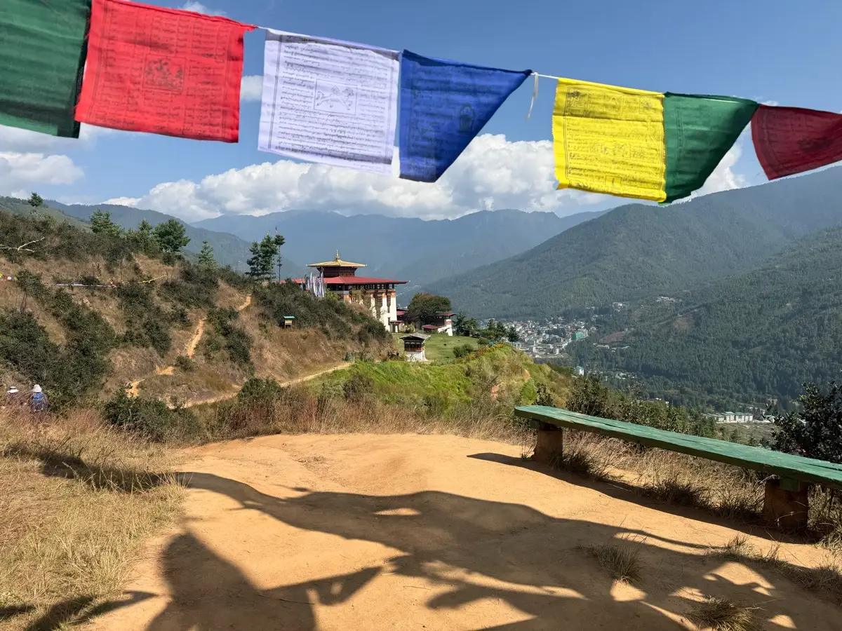 Colourful prayer flags above a hillside trail